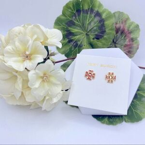 New Tory Burch Gold Logo Kira Red Outline Stud Earrings